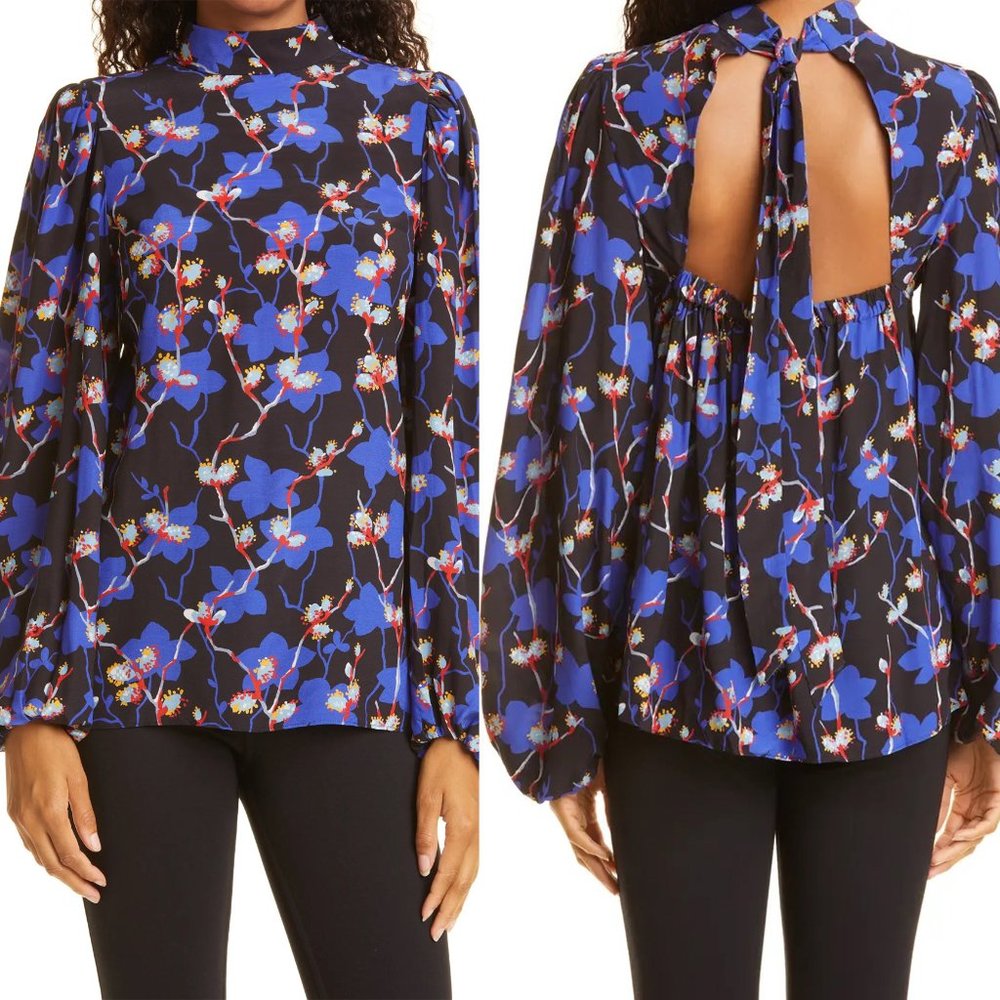 TED BAKER Blue Floral 'Ooma' Open Back Flowy Blouse NWT Ted 1/XS
